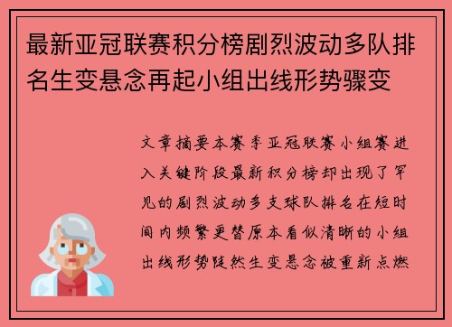 最新亚冠联赛积分榜剧烈波动多队排名生变悬念再起小组出线形势骤变